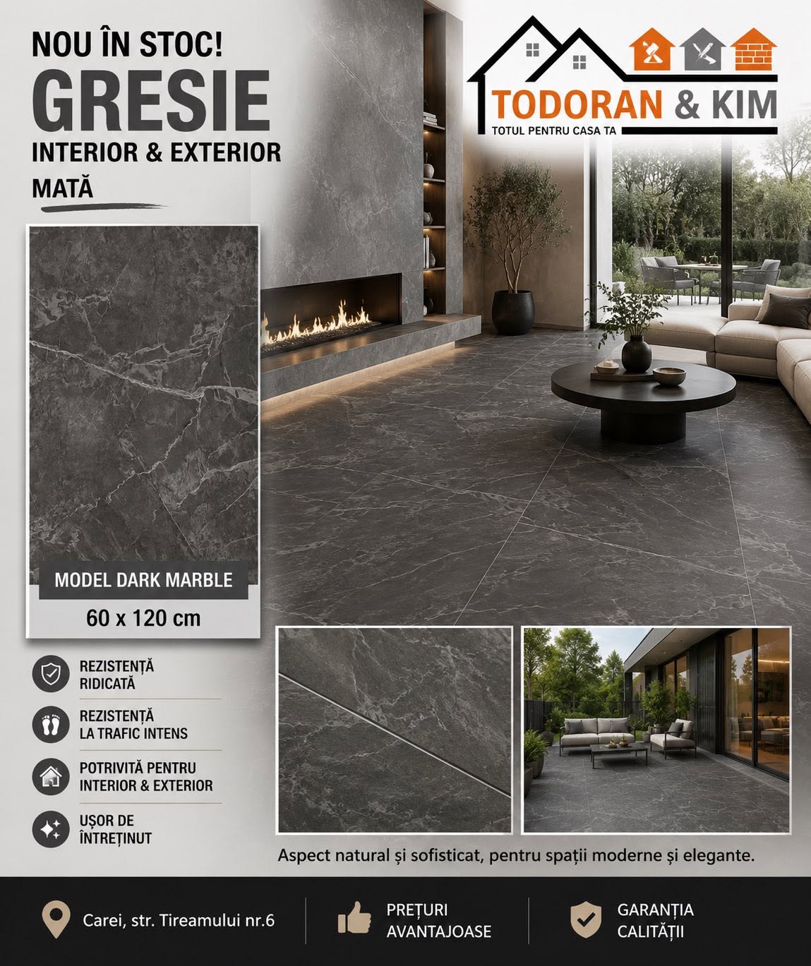 Gresie mată Dark Marble 60x120 cm